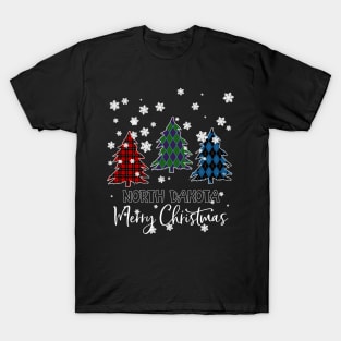 North Dakota Merry Christms Buffalo Plaid Xmas Tree  T-Shirt